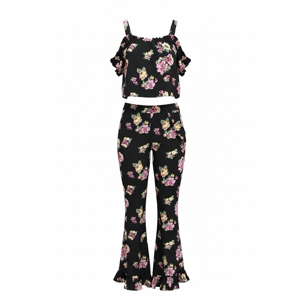 Abound Women's Lounge Set S Black Purple Confident Playful Romantic Ruffles